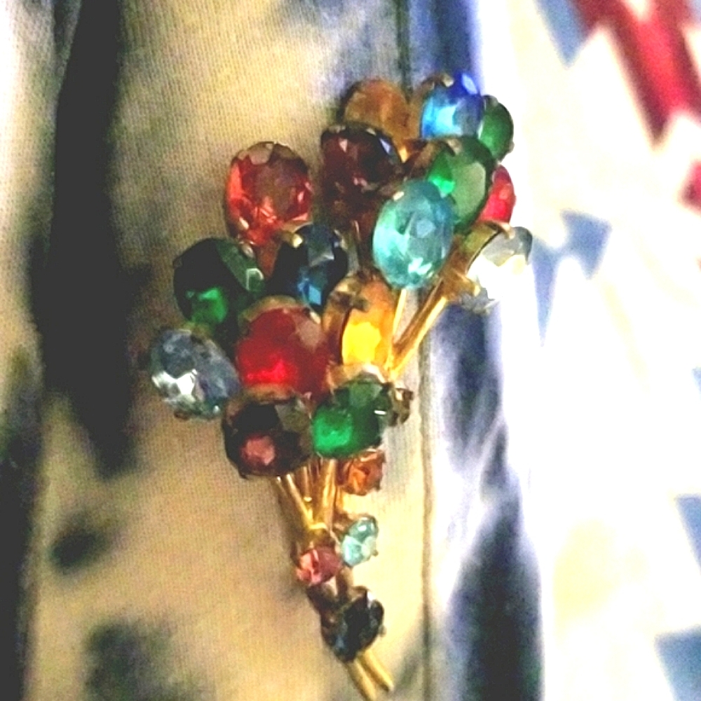 Vtg 50's CZECH Glass  Bouquet Gem Stones Multi Colorful Rare Gold Marked Brooch - Picture 5 of 9